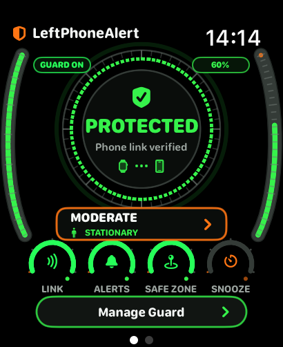 LeftPhoneAlert Watch dashboard displaying Protected and Phone link verified