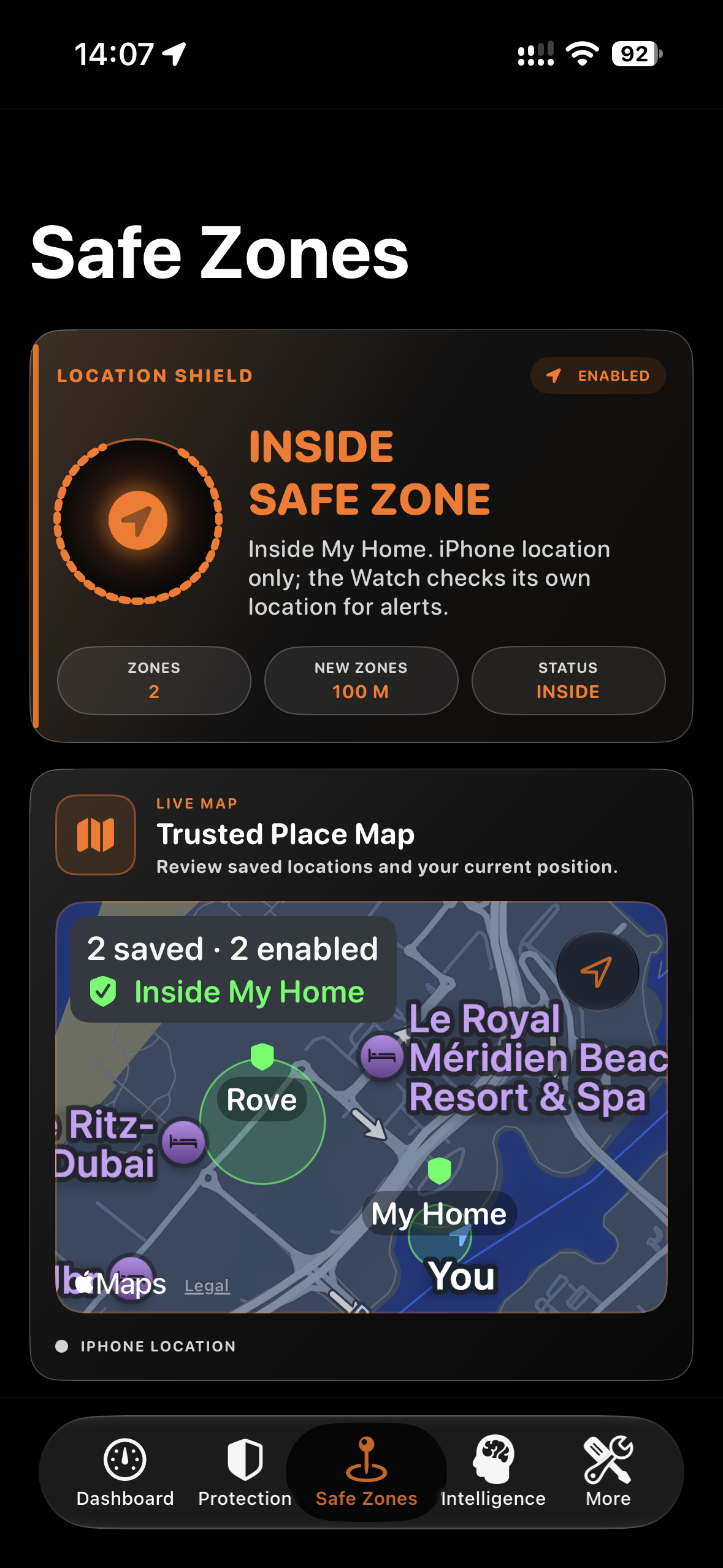 Safe Zones screen with two saved places and different circle sizes on a map