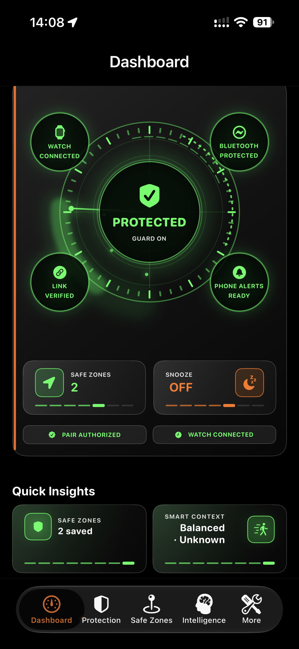 LeftPhoneAlert iPhone dashboard displaying Protected with green status indicators