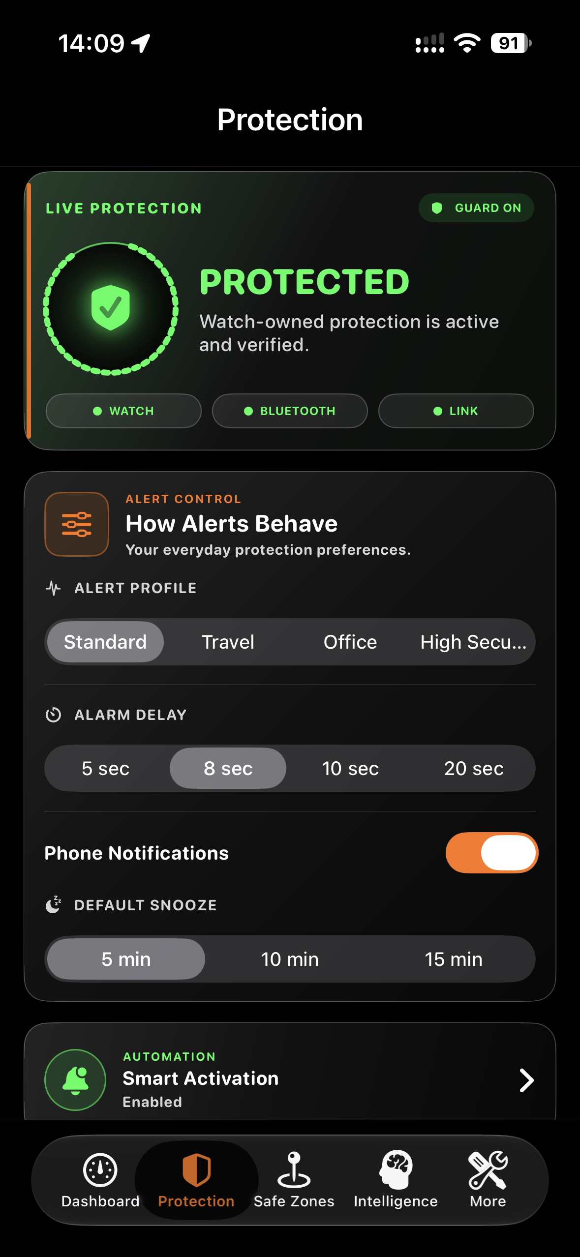 Protection settings showing alert profiles, alarm delay and Snooze controls