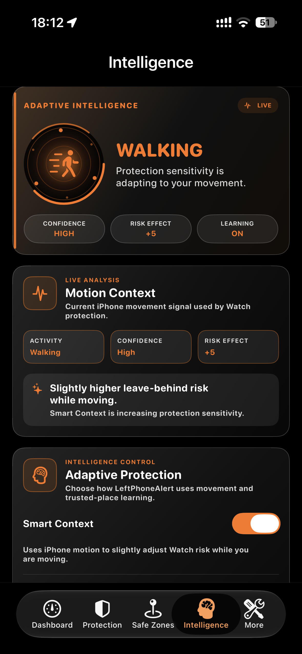 Intelligence screen showing Walking, Smart Context and motion confidence